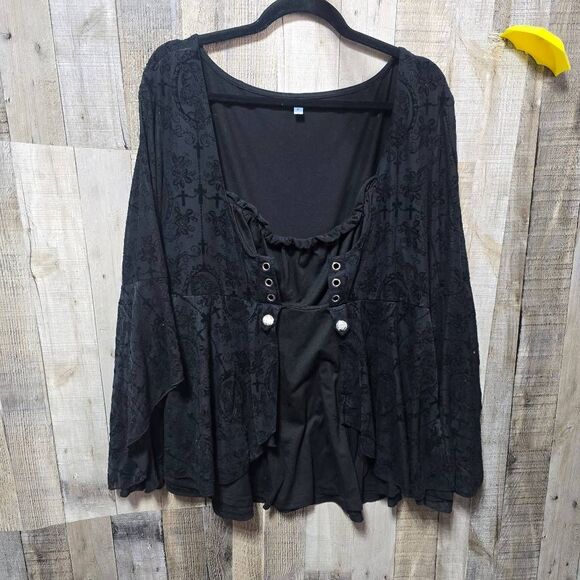 Rosegal Plus Size Bell Sleeve Mesh Velour Whimsygoth Victorian Punk Goth Blouse - Picture 2 of 6